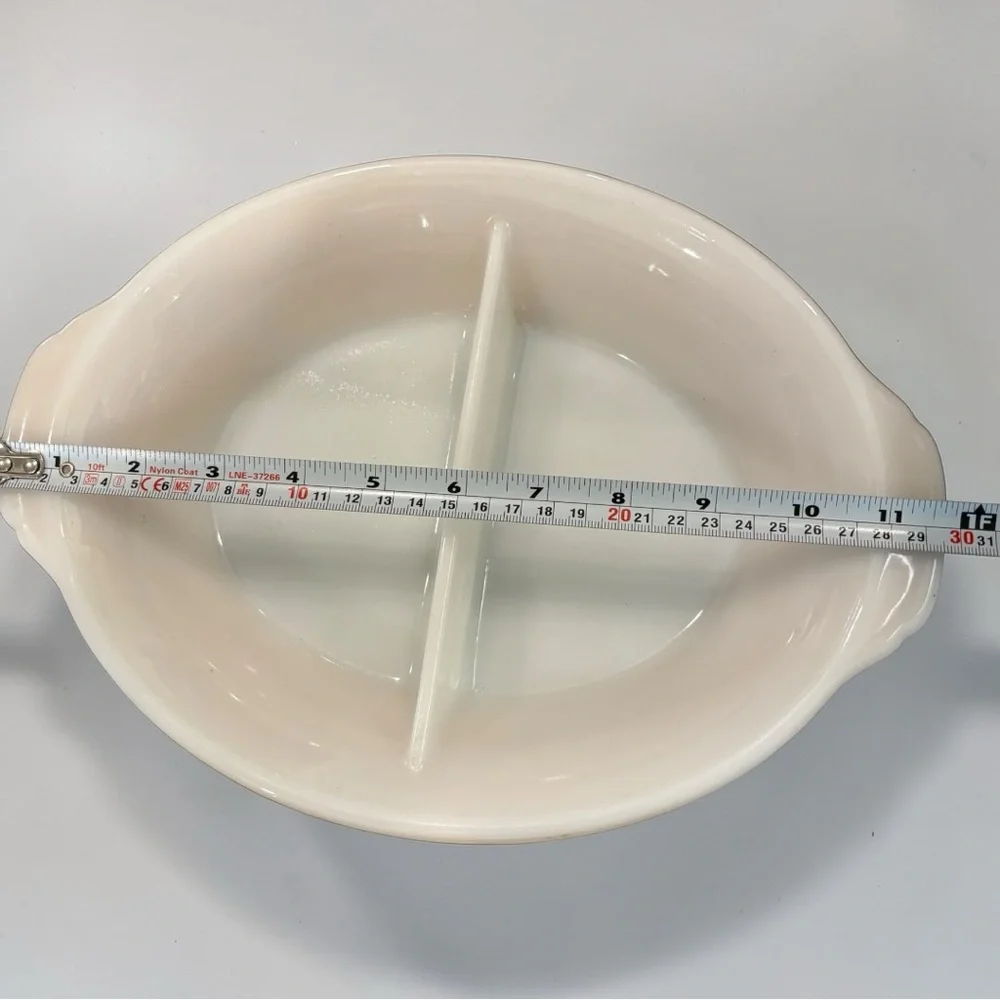Vintage Fire King Peach Luster Reverse Logo Divided Casserole Serving Dish #468